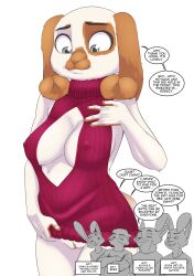 2023 4_fingers akiric anthro breasts brian_woods_(akiric) brown_body brown_fur canid canine cleavage clothed clothing danielle_o'hare_(akiric) dialogue english_text female fingers fox fur genitals hare hi_res humanoid_hands john_burroughs_(akiric) ken_warren_(akiric) keyhole_clothing lagomorph leporid mammal meme meme_clothing multicolored_body multicolored_fur nipple_outline procyonid pussy rabbit raccoon solo speech_bubble sweater teeth text topwear two_tone_body two_tone_fur victor_long_(akiric) virgin_killer_sweater white_body white_fur