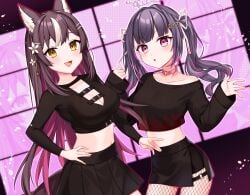 2girls animal_ears belly_button chisaka_airi clothed clothing duo female female_only flowers_in_hair hairclips halo himemiya_rie light-skinned_female light_skin looking_at_viewer phase_alias phase_connect rararaito1013_(川上らいと) skirt tail twintails virtual_youtuber wolf_ears wolf_girl wolf_tail yellow_eyes