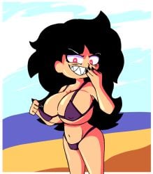 beach bettysantana big_breasts bikini breasts female female_only hand_on_mouth heart-shaped_pupils looking_at_viewer needlemouse_(series) red_eyes sarah_henderson_(needlemouse) sharp_teeth solo solo_female tagme