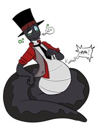 big_belly black_body black_hat black_hat_(villainous) fat_tail green_blush green_bubbles hat_belt hiccup hiccuping hybrid monocle naga open_shirt red red_hat_belt shirt snake_boy speech speech_bubble text text_bubble villainous vore what white_eyes