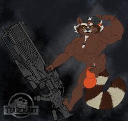 absurd_res anthro beard clothed clothing facial_hair feet feet_on_penis flexing flexing_bicep flexing_muscles foot_grab fur guardians_of_the_galaxy gun hairy hi_res jockstrap looking_at_viewer male male_only mammal marvel nyhil_rex pose procyonid raccoon ranged_weapon rocket_raccoon skimpy smile smirk solo striped_body striped_fur stripes underwear weapon