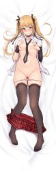 absurdres armpits ass_visible_through_thighs bikkii black_thighhighs blonde_hair blush breasts dakimakura_(medium) dead_or_alive dead_or_alive_5 female hair_ribbon highres loose_necktie lying marie_rose necktie nipples on_back open_clothes open_shirt panties panty_pull pussy ribbon shirt_removed skirt skirt_removed small_breasts solo thigh_gap thighhighs twintails underwear