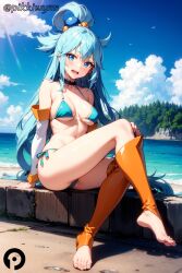 :d ai_generated aqua_(konosuba) bangs bare_shoulders barefoot beach bikini blue_bikini blue_eyes blue_hair blue_sky blush breasts choker cloud day detached_sleeves feet female hair_ornament hair_rings kono_subarashii_sekai_ni_shukufuku_wo! legs long_hair looking_at_viewer medium_breasts navel ocean open_mouth outdoors pikkiwynn side-tie_bikini_bottom sitting sky smile solo string_bikini swimsuit thighs toeless_legwear toes very_long_hair water