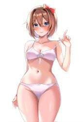 1girls bare_shoulders blue_eyes blush blushing_at_viewer bow bow_panties bra breasts cleavage doki_doki_literature_club female half_naked just_sayori lingerie looking_at_viewer machulanko medium_breasts midriff nervous nervous_smile panties pink_bra pink_lingerie pink_panties pink_underwear sayori_(doki_doki_literature_club) short_hair smiling smiling_at_viewer solo strap_slip strip_game stripping sweat sweatdrop sweating thick_thighs thighs underwear underwear_only white_background