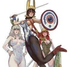 3girls body_paint celtic cleavage female female_only medium_breasts mossa multiple_girls nude pale_skin shield standing sword warrior white_background