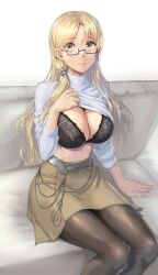 black_bra black_pantyhose blonde_hair blush bra breasts brown_skirt cleavage closed_mouth clothes_lift feet_out_of_frame female glasses green_eyes highres kantai_collection kokuzou large_breasts lifted_by_self long_hair long_sleeves mature_female milf northampton_(kantai_collection) pantyhose semi-rimless_eyewear shirt shirt_lift sidelocks sitting skirt solo underwear white_shirt