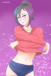 1girls abstract_background bedroom_eyes belly blue_eyes collarbone gray_hair hidden_curves kak_ros panties removing_clothing shirt shirt_lift solo solo_female solo_focus tagme thick_thighs upin_&_ipin