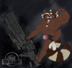 absurd_res anthro balls beard body_hair disney facial_hair feet feet_on_penis flexing flexing_bicep flexing_muscles foot_grab fur genitals guardians_of_the_galaxy gun hairy hairy_balls hi_res humanoid_genitalia humanoid_penis looking_at_viewer male male_only mammal marvel nyhil_rex penis pose procyonid raccoon ranged_weapon rocket_raccoon saggy_balls smile smirk solo striped_body striped_fur stripes weapon