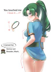 1girls ai_translated ass blue_dress blush breasts commentary_request cowboy_shot dress earrings english_text female female_only fire_emblem fire_emblem:_the_blazing_blade fire_emblem_engage green_eyes green_hair heart highres jewelry large_breasts long_hair looking_at_viewer lyn_(fire_emblem) mark_(fire_emblem) nintendo nipple_bulge no_panties ponytail ring short_dress short_sleeves smile solo standing sweat teasing teijirou thighs translated