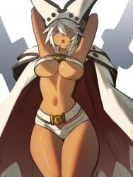 1girls arc_system_works arms_above_head arms_up belt big_breasts blonde_hair bra breast_press cape dark-skinned_female dark_skin female female_only guilty_gear guilty_gear_xrd hat large_breasts looking_at_viewer looking_down_at_viewer navel ninra o-ring o-ring_top open_mouth orange_eyes platinum_blonde_hair ramlethal_valentine revealing_clothes sharp_teeth short_shorts shorts strapless strapless_bra thick_thighs underboob white_hair wide_hips