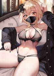 1girls blonde_hair breasts coat female genshin_impact gold_eyes huge_breasts light-skinned_female light_skin lingerie looking_at_viewer lumine_(genshin_impact) mask nails nipples nipples_visible_through_clothing squchan thick_thighs thighs