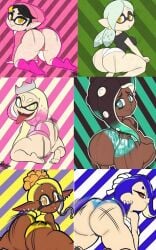 6girls afterimage all_fours ass ass_focus ass_shake bandages barefoot beanie beauty_mark big_ass big_breasts big_butt black_hair blonde_female blonde_hair blue_eyes blue_hair blue_panties bottomwear bouncing_ass breasts bubble_butt callie_(splatoon) camel_toe cephalopod cephalopod_humanoid chocolate_and_vanilla clothed clothing crawling crop_top cross_pupils crown dark-skinned_female dark_body dark_skin dat_ass earrings eyebrows eyelashes fang fat_ass feet female female_only frye_(splatoon) full_body green_eyes grey_hair hat headphones headwear hips huge_ass humanoid kneeling large_ass legwear light-skinned_female light_skin lips long_ears long_sleeves looking_at_viewer looking_back looking_back_at_viewer marie_(splatoon) marina_(splatoon) marine marine_humanoid mole mole_under_eye mole_under_mouth mollusk mollusk_humanoid motion_blur motion_lines multiple_females multiple_girls naughty_face nintendo not_furry on_all_fours on_knees open_mouth orange_eyes pattern_background pearl_(splatoon) pink_socks pseudo_hair shirt shiver_(splatoon) shortstack sleeveless small_breasts smile smiling splatoon splatoon_2 splatoon_3 squatting striped striped_background symbol-shaped_pupils tank_top tansau teeth tentacles text_on_clothing thick_thighs throwing_it_back toes tongue tongue_out tooth twerk twerking underwear white_body white_panties white_skin wide_hips yellow_eyes