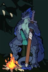 animated anthro blue_body campfire dragon erection genitals hi_res levi_(seline) male melee_weapon penis shirokame solo sword weapon