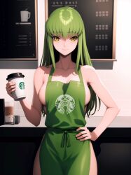 ai_generated apron bangs bare_shoulders barista breasts c.c. cafe code_geass collarbone cowboy_shot cup eyebrows_visible_through_hair female green_hair guilegaze hair_between_eyes hand_on_hip holding_cup holding_object large_breasts long_hair looking_at_viewer medium_breasts naked_apron sideboob sidelocks smile solo stable_diffusion standing starbucks yellow_eyes