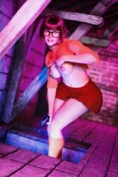 3d areolae athletic athletic_female bare_legs big_breasts breasts brown_eyes brown_hair busty female female_focus female_only francobel freckles glasses hanna-barbera hourglass_figure miniskirt nerd nerdy_female nipples scooby-doo short_hair skirt sleeves_rolled_up socks tagme velma_dinkley wide_hips