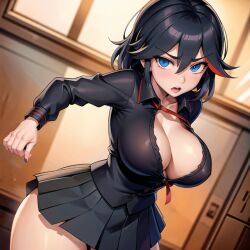 ai_generated audiostick black_hair blue_eyes blush breasts button_down_shirt cleavage kill_la_kill large_breasts long_sleeves looking_at_viewer matoi_ryuuko senketsu skirt stable_diffusion wide_hips