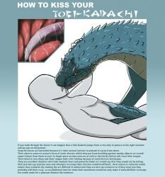 capcom description dripping duo fanged_wyvern feral french_kissing human male monster_hunter saliva size_difference tallion text tobi-kadachi tongue unknown_gender