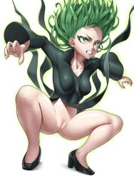 1girls anger_vein angry anus arms_up aura black_dress breasts canonical_scene censored clenched_teeth curly_hair dress female fighting_stance glowing green_eyes green_hair grey_hair high_heels long_sleeves mosaic_censoring navel no_panties one-punch_man pussy short_hair side_slit simple_background skylock small_breasts solo solo_female squatting tatsumaki tatsumaki_landing teeth upskirt white_background