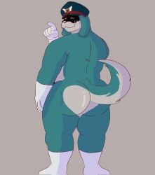 anthro ass blue_body blue_fur blush canid canine canis clothing conductor_(sonic) domestic_dog facial_hair floppy_ears footwear fur gloves handwear hat headgear headwear hi_res looking_back male mammal mature_male mostly_nude moustache rear_view sega shadowed_face slightly_chubby socks solo sonic_(series) sonic_the_hedgehog_(series) tequila_ari the_murder_of_sonic_the_hedgehog