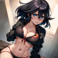 ai_generated audiostick black_hair blue_eyes blush breasts cleavage collared_shirt kill_la_kill large_breasts looking_at_viewer matoi_ryuuko panties senketsu stable_diffusion