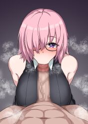 1boy 1girls big_breasts blush breasts censored fate/grand_order fate_(series) fellatio glasses hair_over_one_eye huge_breasts large_breasts looking_at_viewer mash_kyrielight muta_poo pink_hair purple_eyes short_hair sleeveless steamy_breath visible_breath