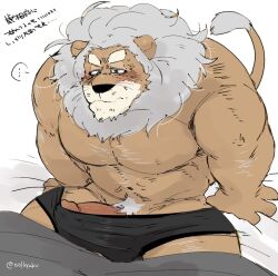 anthro balls bara barazoku big_penis blush body_hair boner boxers_(clothing) bulge clay_calloway_(sing) erection erection_under_clothes felid feline furry hyaku_(artist) lion male male_only mane muscles muscular penis pubic_hair sing_(movie) sing_2_(movie) solo solo_male underwear white_hair