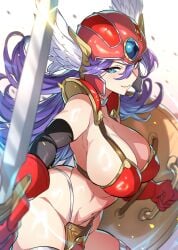 1girls armor big_breasts bikini_armor blue_eyes breasts cleavage closed_mouth dragon_quest dragon_quest_iii female gan_(shanimuni) gloves groin hair_between_eyes helmet highres holding holding_shield holding_sword holding_weapon large_breasts long_hair looking_at_viewer navel purple_hair red_armor red_gloves red_headwear shield simple_background smile soldier_(dq3) solo sword tagme weapon white_background winged_helmet