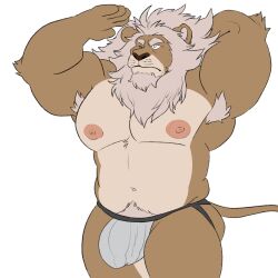 anthro armpit_hair atticusdraws balls bara barazoku bulge clay_calloway_(sing) felid feline furry jockstrap lion male male_only mane mostly_nude muscles muscular penis sing_(movie) sing_2_(movie) solo solo_male white_hair