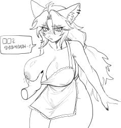 1girls 2023 anchovy_(cursedanchovy) apron big_breasts blush blush_lines breast_squeeze breasts cursedanchovy disembodied_hand ear_piercing eyebrows eyebrows_visible_through_hair eyelashes female furry furry_only huge_breasts hybrid inner_ear_fluff korean_text lactation long_hair nipples shark shark_tail tail wolf wolf_ears wolf_girl