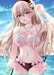 1girls alternate_costume ass_visible_through_thighs bikini black_hairband blonde_female blue_sky blush breasts cleavage collarbone commentary_request corrin_(female)_(fire_emblem) corrin_(fire_emblem) corrin_(fire_emblem)_(female) corrin_(summer)_(fire_emblem)_(female) female female_only fire_emblem fire_emblem_cipher fire_emblem_fates grey_hair hair_between_eyes hairband highres kirishima_riona long_hair looking_at_viewer medium_breasts navel nintendo official_alternate_costume open_mouth outdoors partially_submerged pointy_ears red_eyes revision shell shell_bikini sky smile solo stomach swimsuit water