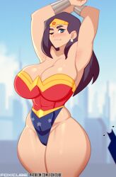 1girls amazon armpits arms_up armwear batman batman_(series) big_breasts black_hair blue_eyes bruce_wayne cleavage curvaceous dc dc_comics diana_prince female female_focus female_only forehead_protector foxicube fully_clothed hairless_armpits justice_league justice_league_unlimited legs_together leotard long_hair looking_at_viewer lowres silhouette smiling smiling_at_viewer solo stretching thick_thighs tiara wide_hips wink winking_at_viewer wonder_woman wonder_woman_(series)