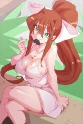 1girls big_breasts breasts brown_hair chocolate_heart cleavage crossed_legs doki_doki_literature_club female female_only food_in_mouth green_eyes hair_ribbon legs_crossed long_hair looking_at_viewer monika_(doki_doki_literature_club) necklace nisego sitting solo solo_female white_dress white_ribbon yellow_necklace