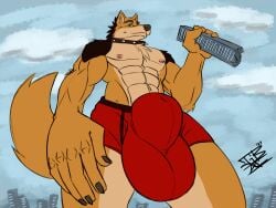 balls bulge canid canine canis genitals hi_res human john_(justagoodboy) justagoodboy macro male mammal micro muscular size_difference wolf