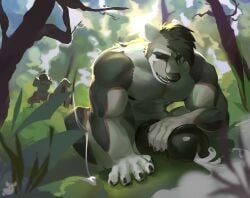 anthro bara being_watched black_hair black_nose black_penis bodily_fluids canid canine canis clothed clothing cum cum_drip cum_on_ground cumshot detailed_background domestic_dog dripping duo ejaculation erection excessive_cum excessive_genital_fluids forest genital_fluids genitals gulonine hair hand_on_penis hat headgear headwear hi_res kneeling leaf looking_at_another looking_pleasured male mammal masturbation muscular muscular_male mustelid musteline nature nude penis pent_up plant styrling tintiai tree wolverine