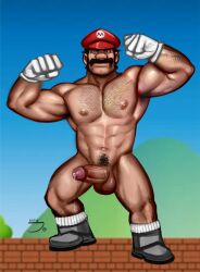 1boy abs balls bara biceps boner erect_penis erection flexing full_body gay gay_male hairy_chest hard_on jonsfw looking_at_viewer male male_only mario mario_(series) moustache muscles muscular muscular_male nintendo nude pecs precum precum_drip solo super_mario_bros. testicles thick_thighs uncut veiny_penis