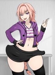 1boy astolfo_(fate) braided_hair bulge fate/apocrypha fate/grand_order fate_(series) femboy high_resolution looking_at_viewer pink_hair purple_eyes smile solo solo_male teasing thick_thighs trap wide_hips zonen404