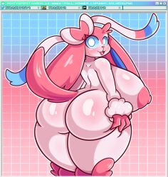 2020s 2023 anthro areola ass big_breasts big_butt blues_sclera breasts butt_grab eeveelution female fur fusion hand_on_butt huge_breasts huge_butt long_ears looking_back lopunny mintyspirit nintendo nipples open_mouth pink_areola pink_body pink_fur pink_nipples pokémon_(species) pokemon pokemon_(species) pokemon_fusion presenting ribbons smile solo sylveon sylveunny watermark white_body white_eyes white_fur