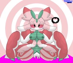 1boy 1girls 2016 antennae areolae belly black_eyes blush breasts clitoris cum cum_in_pussy cum_inside duo ebiinari female green_pussy green_skin half-closed_eyes heart insect interspecies kneeling looking_at_viewer lurantis male male_pov mantis navel nintendo nipples on_top penetration penis pink_background pink_sclera pink_skin pokémon_(species) pokemon pokemon_sm pokephilia pov sex spoken_heart straight text thebluefox30 vaginal_penetration video_games watermark