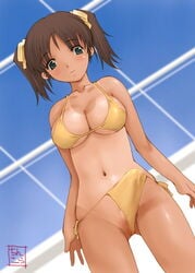 1futa bikini black_hair breasts bulge cameltail cleavage erection futa_only futanari green_eyes intersex ishida_masayuki large_breasts lowres no_testicles original penis short_hair solo swimsuit tan tanline tanlines tied_hair twintails