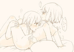 bed between_legs blush breast_sucking breasts closed_eyes erica_hartmann face female flat_chest gertrud_barkhorn hair_down hands itsuki_kuro monochrome multiple_girls nipples nude open_mouth pillow short_hair strike_witches translation_request yuri