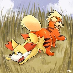 2boys all_fours anal anal_sex anus ass ass_to_ass ass_up big_ears black_eyes canine cum cum_in_ass cum_inside cum_while_penetrated duo erection fangs fennekin feral feral_on_feral fox furry gay grass growlithe half-closed_eyes hi_res interspecies knot_dragging knotted knotting male male_only nintendo nude orange_fur outdoors paws penetration penis pokémon_(species) pokemon pokemon_(species) pokemon_xy raburigaron red_fur sex stripes tail teeth testicles text tongue tongue_out video_games watermark white_fur yaoi yellow_fur