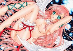 angel angel_wings ass blush breasts female green_eyes large_breasts long_hair mocomoco_party nipples original pink_hair pussy smile solo uncensored very_long_hair wings