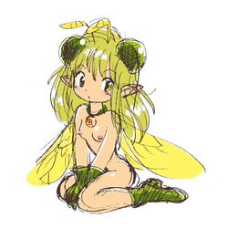 anthro bee_girl breasts bug copyright_request female fly green_hair hair insects kneeling long_hair lowres monster_girl nipples nude pointy_ears pukao simple_background sings sitting small_breasts solo white_background wings yellow_eyes