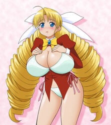 big_breasts blonde_hair blue_eyes blush bra breasts cleavage drill_hair female huge_breasts kikumikazuki ladies_versus_butlers! large_breasts legs long_hair open_mouth panties ribbon sernia_iori_flameheart simple_background solo thighs tied_hair twin_drills twintails underwear very_long_hair