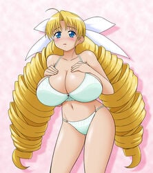 big_breasts blonde_hair blue_eyes blush bra breasts cleavage drill_hair female huge_breasts kikumikazuki ladies_versus_butlers! large_breasts lingerie long_hair open_mouth panties ribbon sernia_iori_flameheart simple_background solo tied_hair twintails underwear very_long_hair