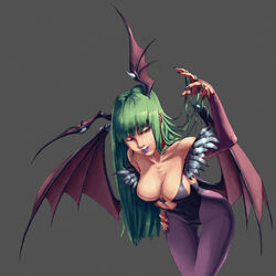 bare_shoulders bat_wings bent_over breasts capcom cleavage clothing darkstalkers demon_girl elbow_gloves fingerless_gloves gloves green_hair head_wings headwings highres hips large_breasts leotard lipstick long_hair makeup morrigan_aensland mozuy@ nail_polish pantyhose simple_background small_breasts solo succubus wide_hips wings