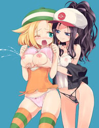 2girls areolae bianca_(pokemon) black_hair black_panties blonde_hair blue_background blue_eyes blush bra bra_lift breast_grab breast_squeeze breasts cameltoe clothing curvy erect_nipples female female_only green_eyes green_legwear hat hilda_(pokemon) homura_subaru human lactation large_breasts lingerie multiple_females naughty_face nintendo nipples no_bra no_pants orange_legwear panties pokemon projectile_lactation see-through see-through_clothing see-through_top simple_background striped striped_legwear striped_thighhighs thighhighs trying_not_to_lactate underwear wink yuri