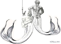 2boys abs bait balls fish_tail fishing_line flaccid gay hand_on_head harry_bush holding_penis male male_only masturbation merfolk merman mermen mouth_open muscular muscular_male orgasm_face pecs penis