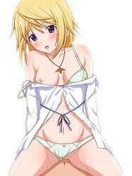 blonde_hair blush charlotte_dunois drooling infinite_stratos jewelry lingerie navel nipples open_mouth panties panties_aside pendant purple_eyes ribbon sex shirt_slip strap_slip takamin_apaman underwear vaginal_penetration