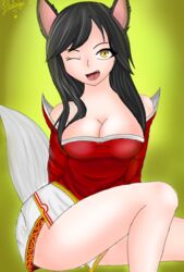 1girls ahri animal_humanoid clothed fanart female female_only fox_ears league_of_legends smiling solo solo_focus wink